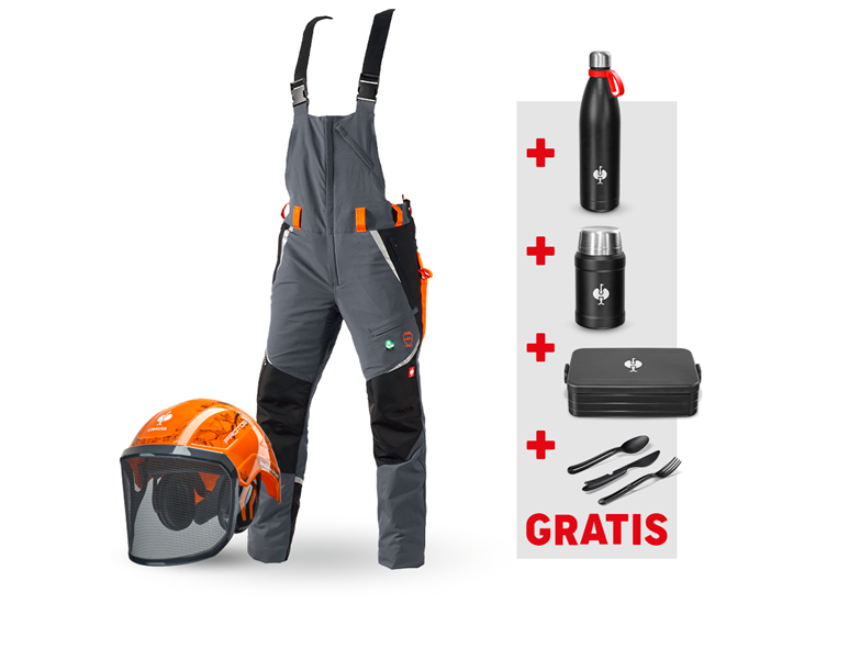 Hauptansicht, SALE, SET: e.s. Forst-Schnittschutz Latzhose KWF + Helm, grau/warnorange