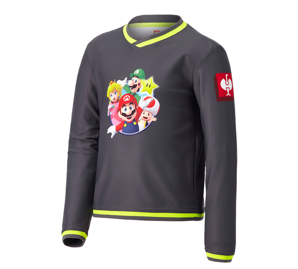 Shirts & Co.: Super Mario Funktions Longsleeve, Kinder + anthrazit