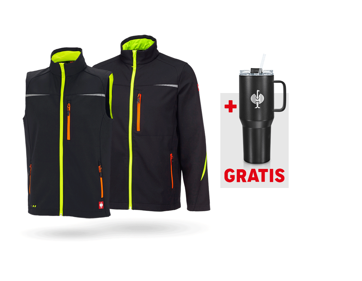 Bekleidung: SET: Softshelljacke + Weste e.s.motion 2020 + schwarz/warngelb/warnorange