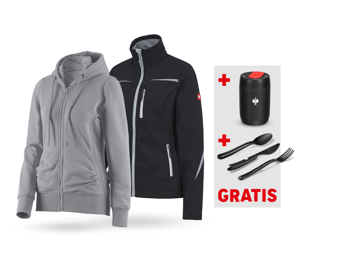 Größere Geschenke: SET: Softshelljacke + Hoody-Sweatjacke, Damen + schwarz/platin