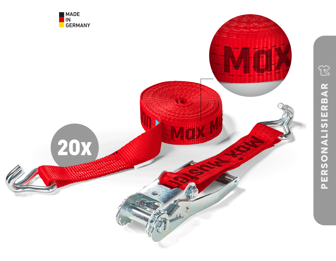 Spanngurte: 20x Spanngurte, 2-tlg - Ratsche+Haken, inkl. Druck
