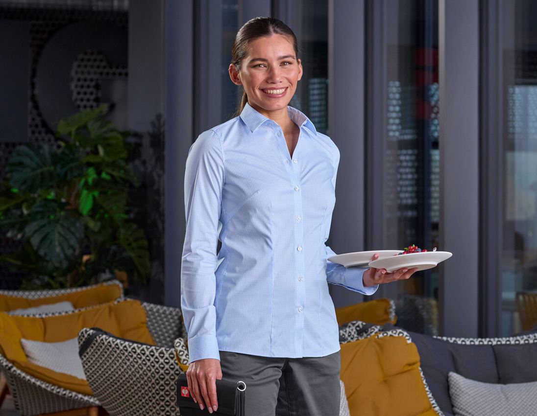 Themen: e.s. Business Bluse cotton stretch, Damen reg. fit + frostblau kariert