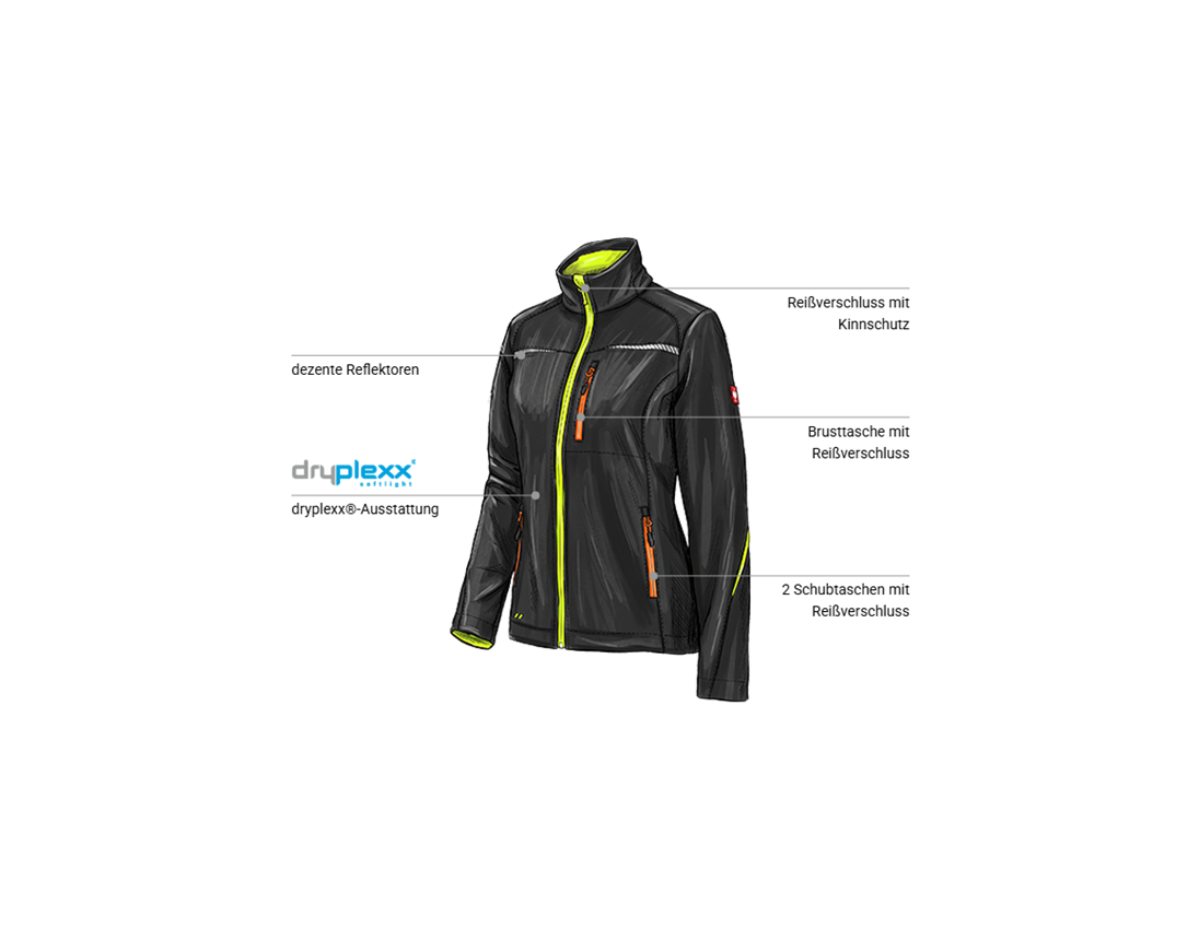 Bekleidung: Softshelljacke e.s.motion 2020, Damen + schwarz/warngelb/warnorange 1