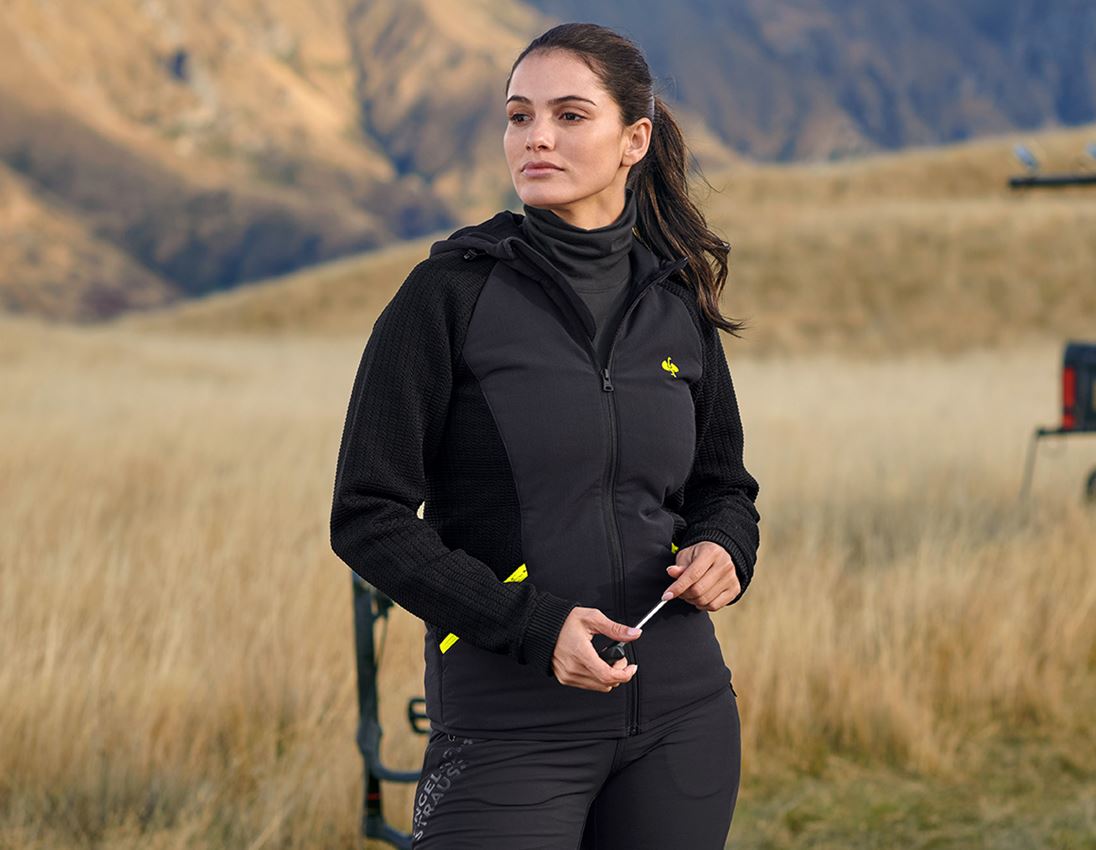 Jacken: Hybrid Kapuzenstrickjacke e.s.trail, Damen + schwarz/acidgelb