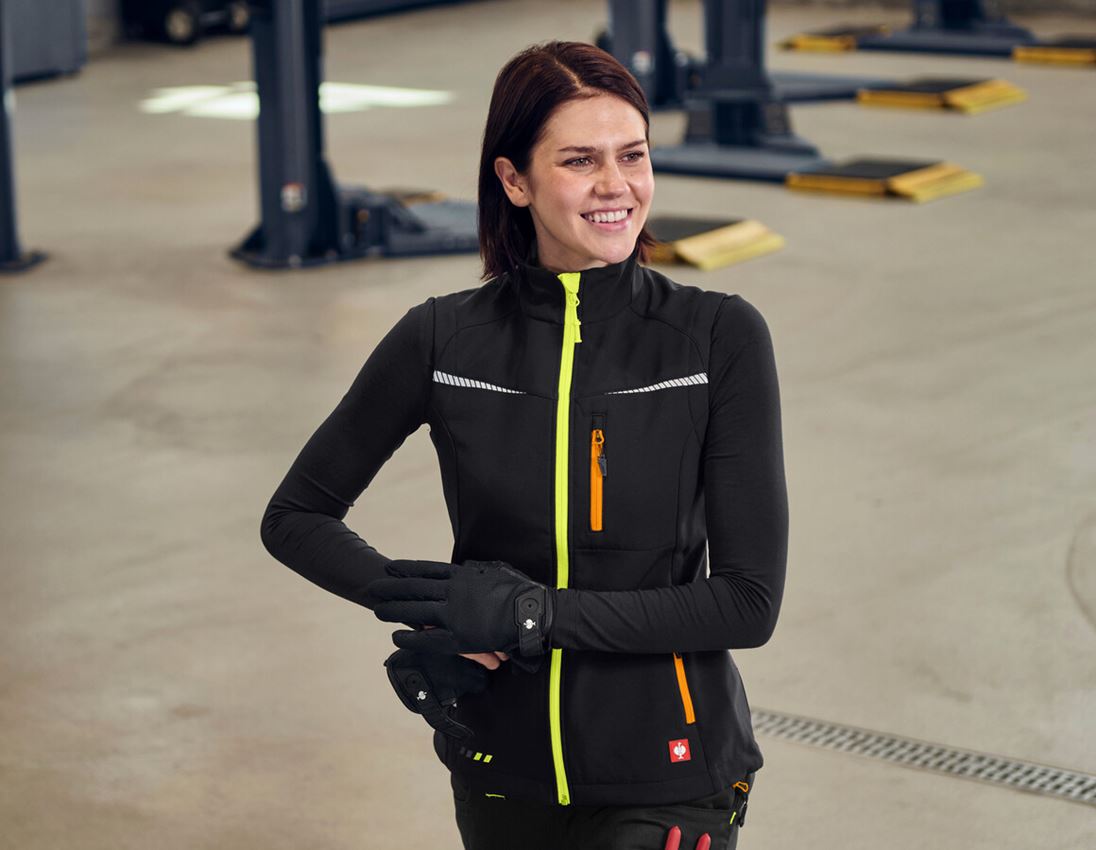 Westen: Softshell Weste e.s.motion 2020, Damen + schwarz/warngelb/warnorange