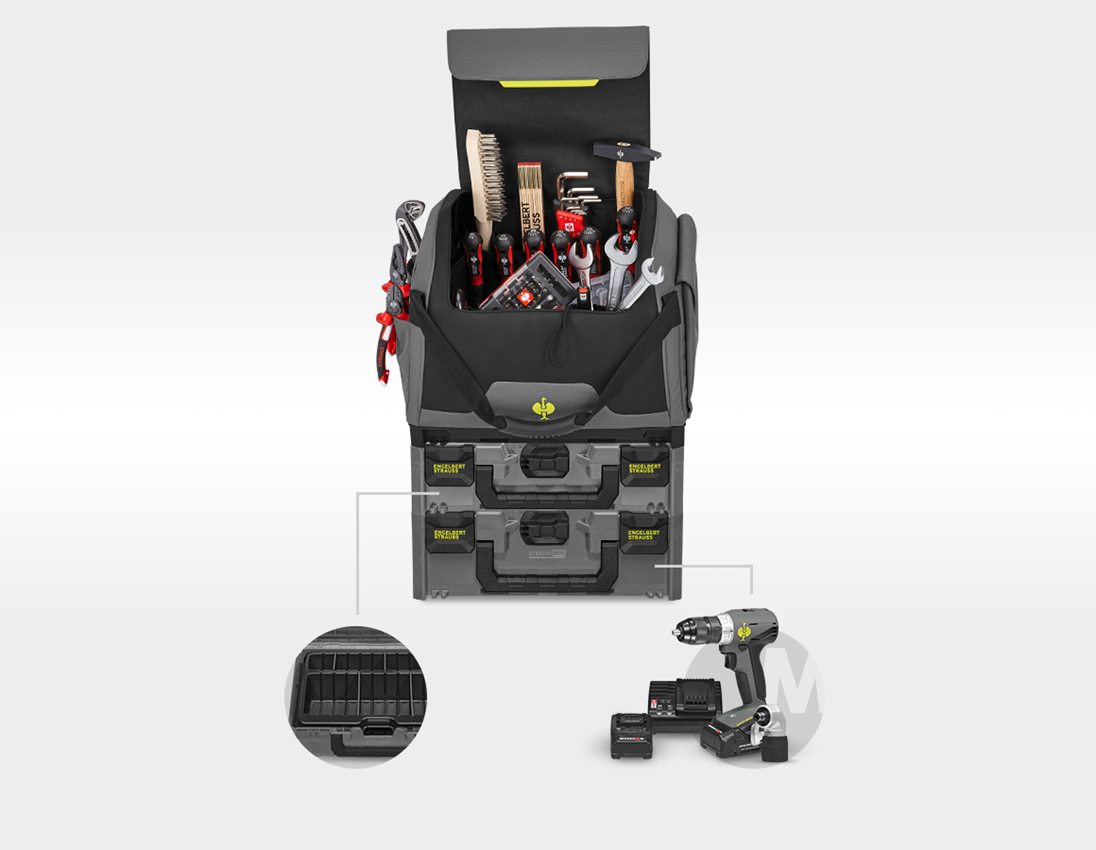 STRAUSSbox System: Werkzeug-Set Allround + 18,0V Akku-Multi-Schrauber + basaltgrau/acidgelb