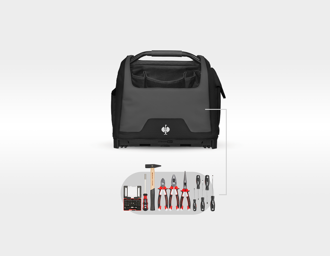 STRAUSSbox System: Werkzeug-Set + STRAUSSbox Werkzeugtasche offen + schwarz