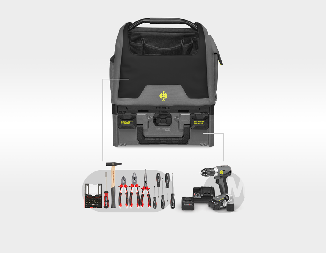 STRAUSSbox System: Multi Bohrschrauber-Set + STRAUSSbox Tasche offen + basaltgrau/acidgelb