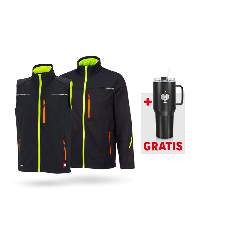 Bekleidung: SET: Softshelljacke + Weste e.s.motion 2020 + schwarz/warngelb/warnorange