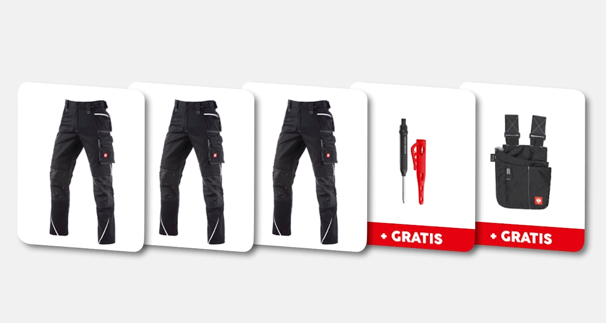 Animation der Set-Konfiguration: 3x Bundhose und / oder Latzhose e.s.motion 2020 in unterschiedlichen Farben mit verschiedenen Gratis-Artikeln