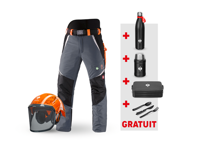 Vue principale, Kit d'évènements, KIT : Pantalon e.s. anti-coupe KWF + casque, gris/orange fluo