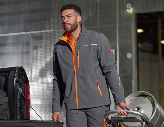 Vue 1, Veste Softshell­ e.s.​motion 2020, anthracite/orange fluo