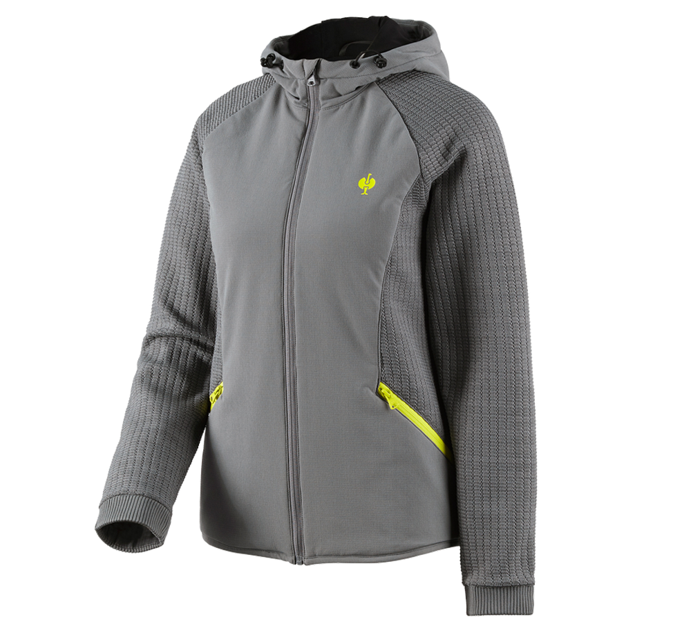 Jacken: Hybrid Kapuzenstrickjacke e.s.trail, Damen + basaltgrau/acidgelb