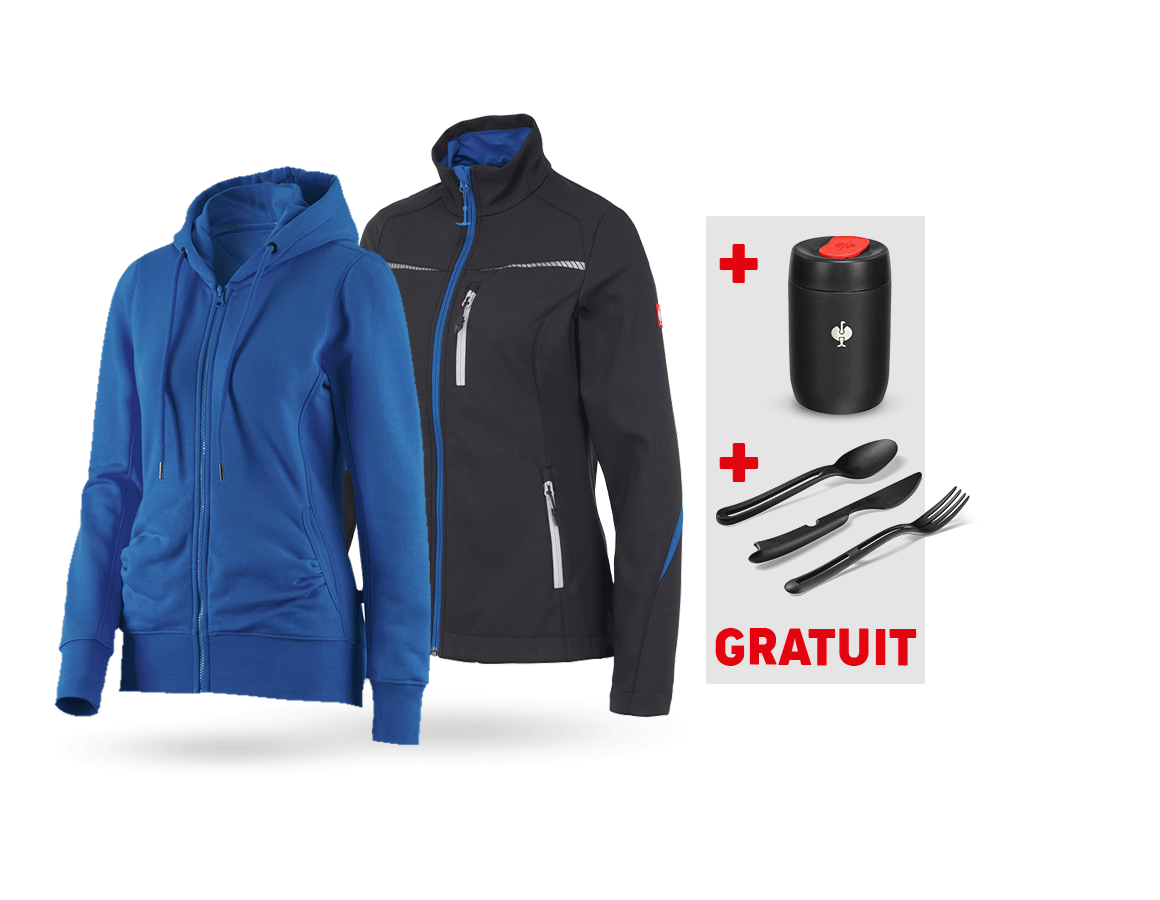 Cadeaux plus grands: KIT : Veste Softshell + Hoody sweat zippé, femmes + graphite/bleu gentiane