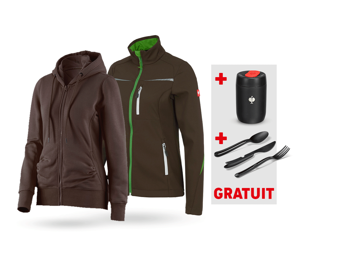 Cadeaux plus grands: KIT : Veste Softshell + Hoody sweat zippé, femmes + marron/vert d'eau