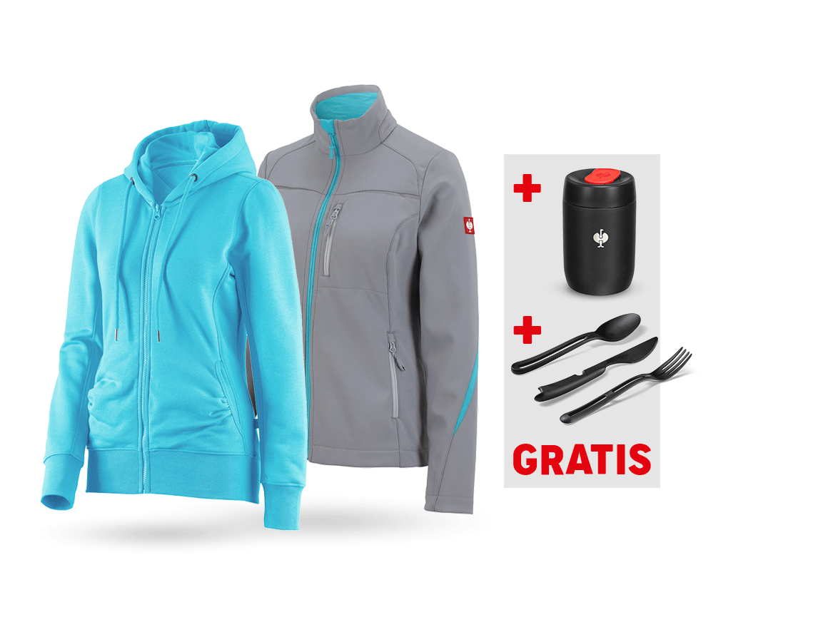 Bekleidungs-Sets: SET: Softshelljacke + Hoody-Sweatjacke, Damen + platin/capri