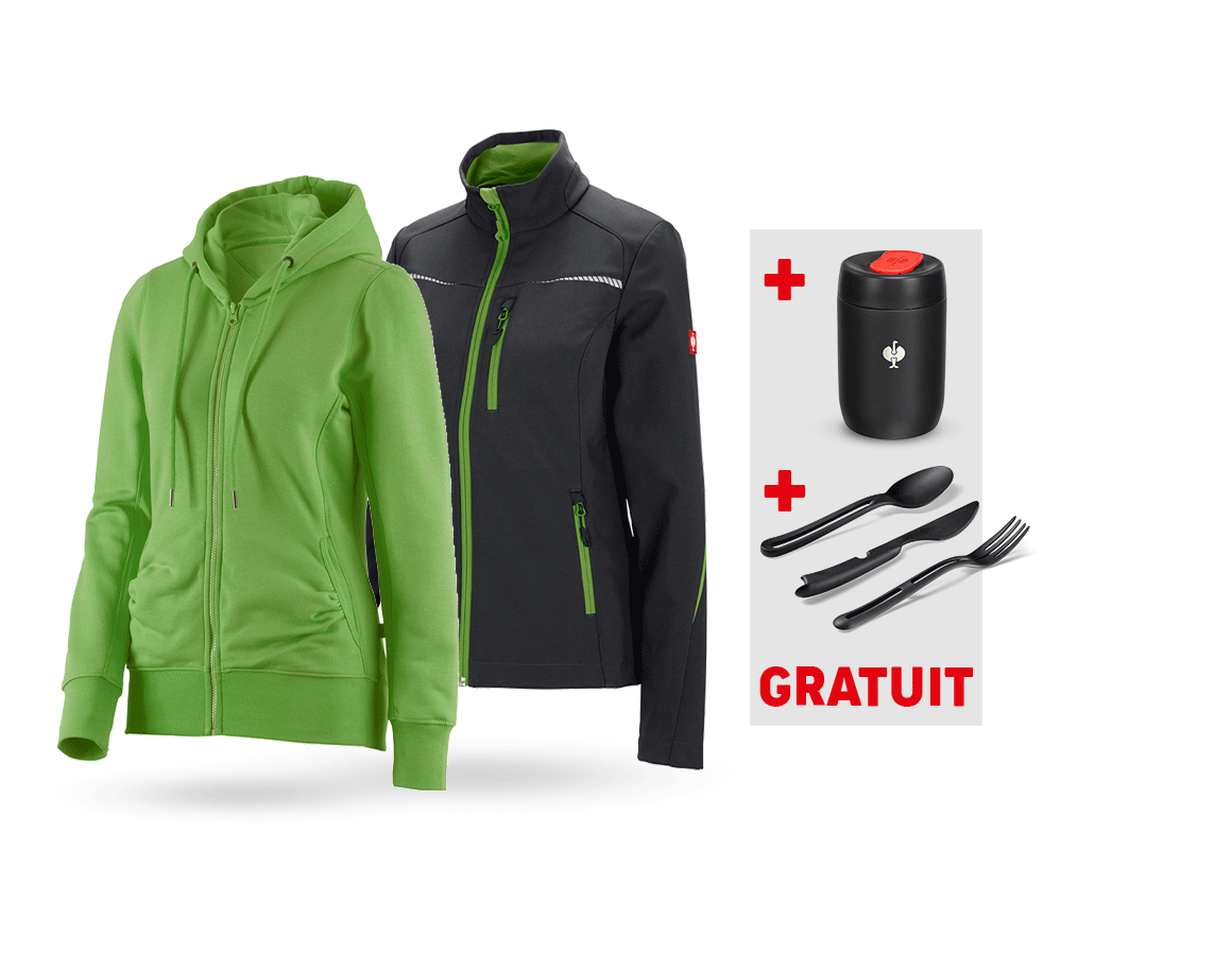 Cadeaux plus grands: KIT : Veste Softshell + Hoody sweat zippé, femmes + noir/vert d'eau
