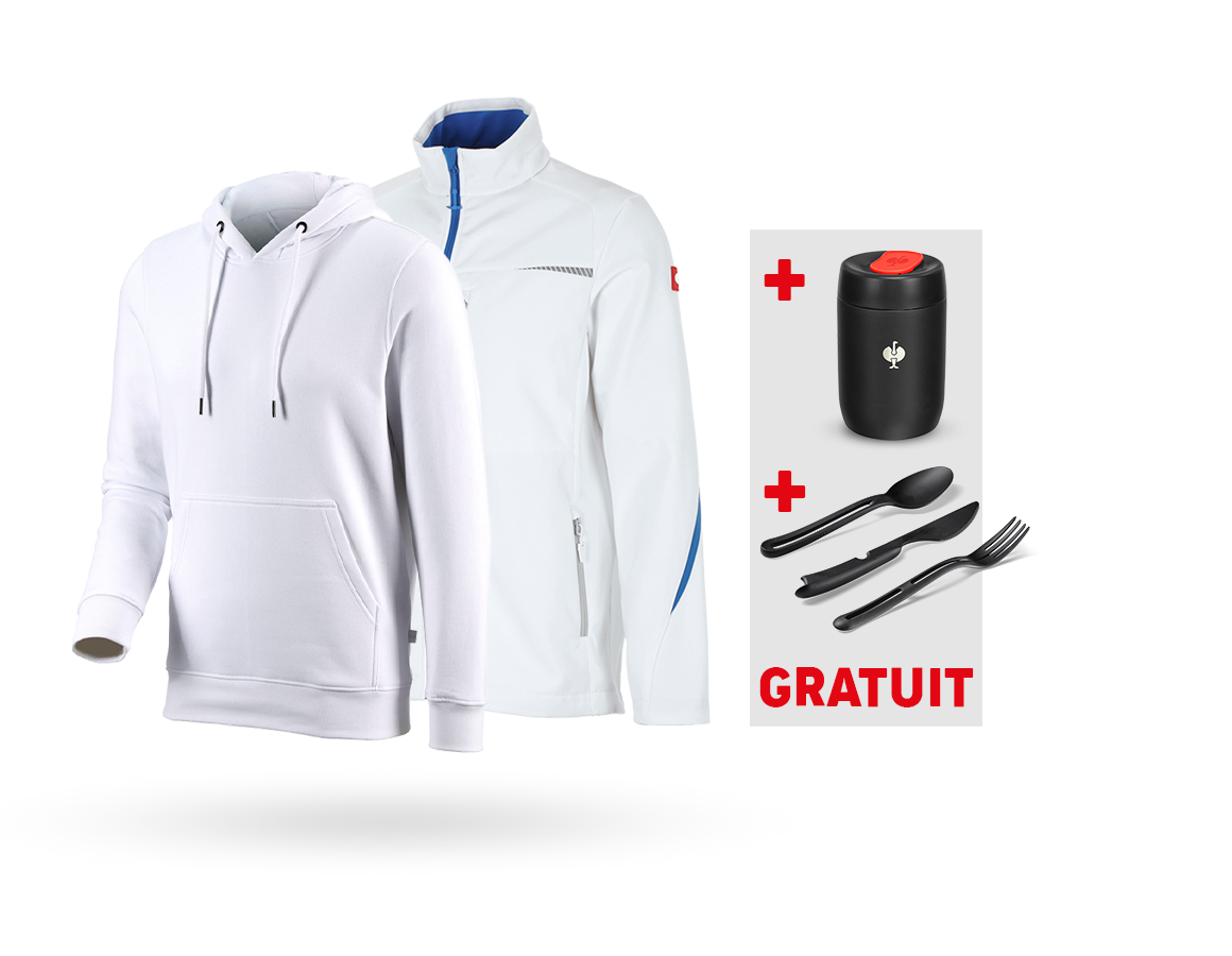 Vêtements: KIT : Veste softsh. e.s.motion 2020+pull à capuche + blanc/bleu gentiane