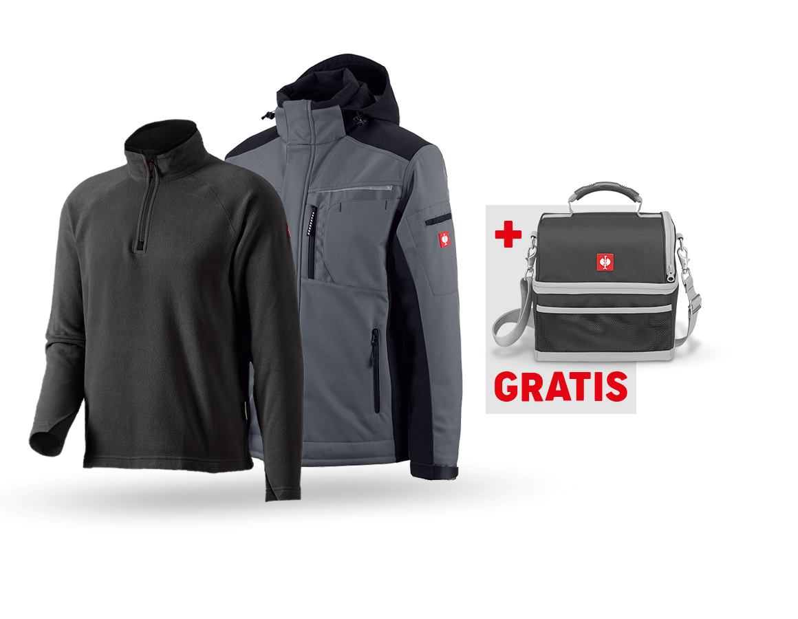 Kleding: SET:Softshelljack e.s.motion+microfl.schipperstrui + grijs/zwart