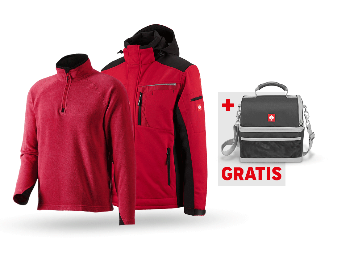 Kleding: SET:Softshelljack e.s.motion+microfl.schipperstrui + rood/zwart