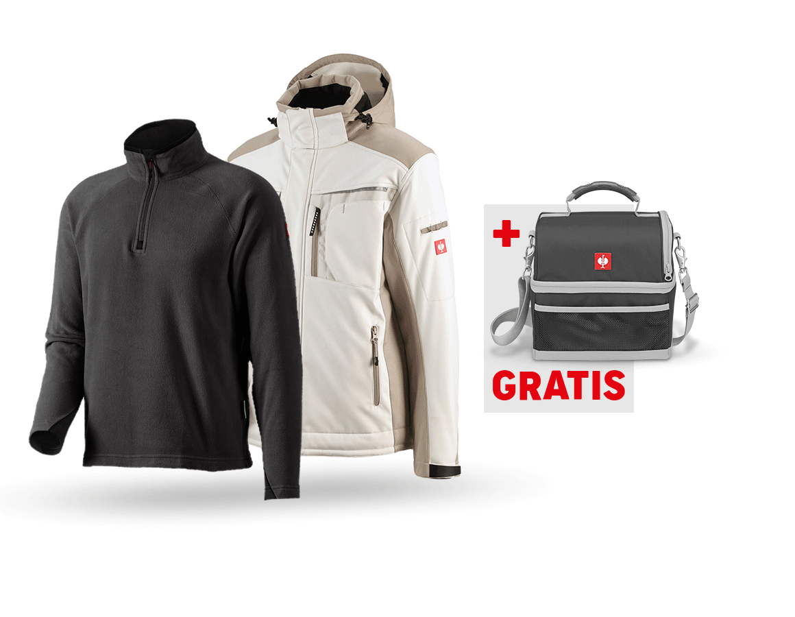 Bekleidung: SET: Softshelljacke e.s.motion+ Microfleece Troyer + gips/lehm