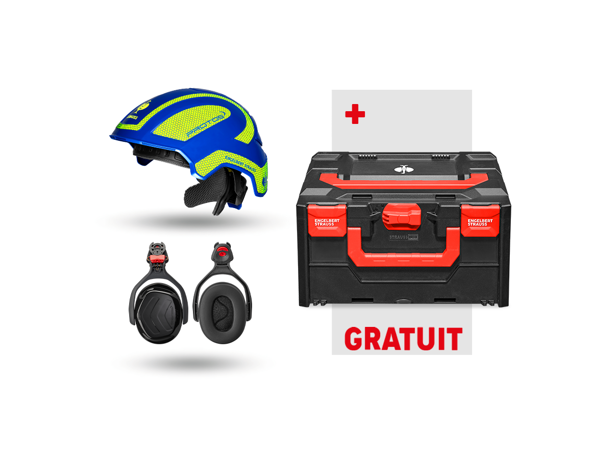 Sécurité au travail: Kit sécu. travail Protos + GRATUIT STRAUSSbox 215 + bleu royal/jaune fluo