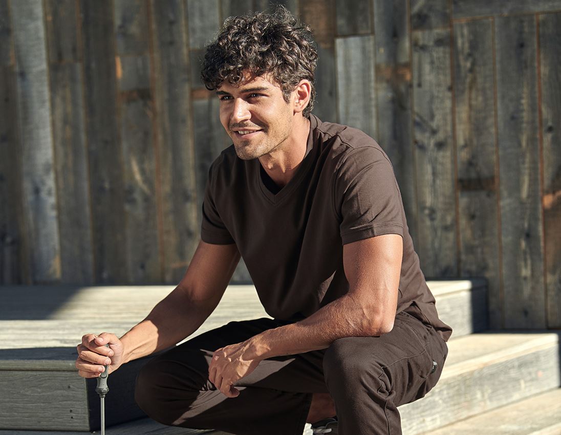 Hauts: e.s. T-shirt cotton stretch V-Neck + marron 1