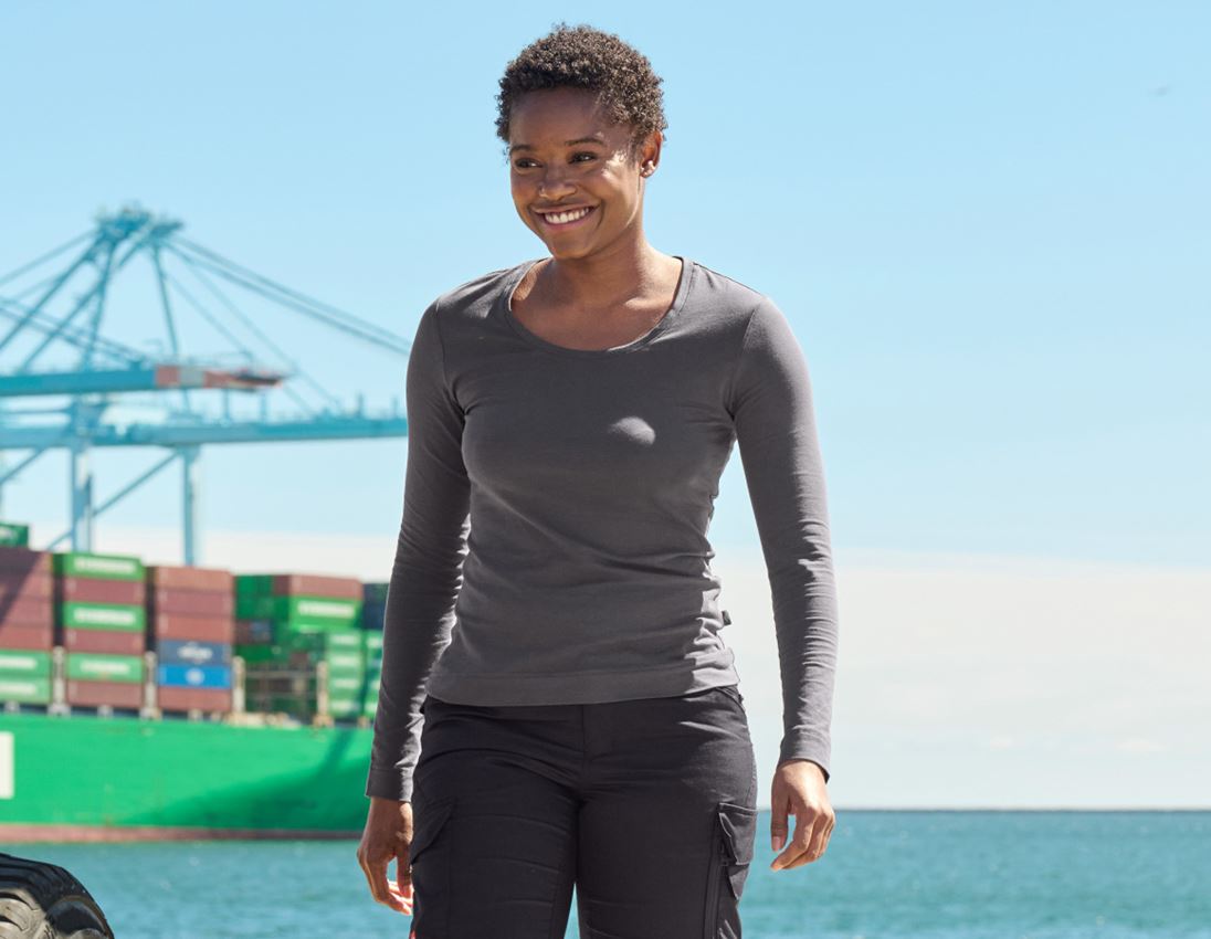 Bovenkleding: e.s. Longsleeve cotton stretch, dames + antraciet