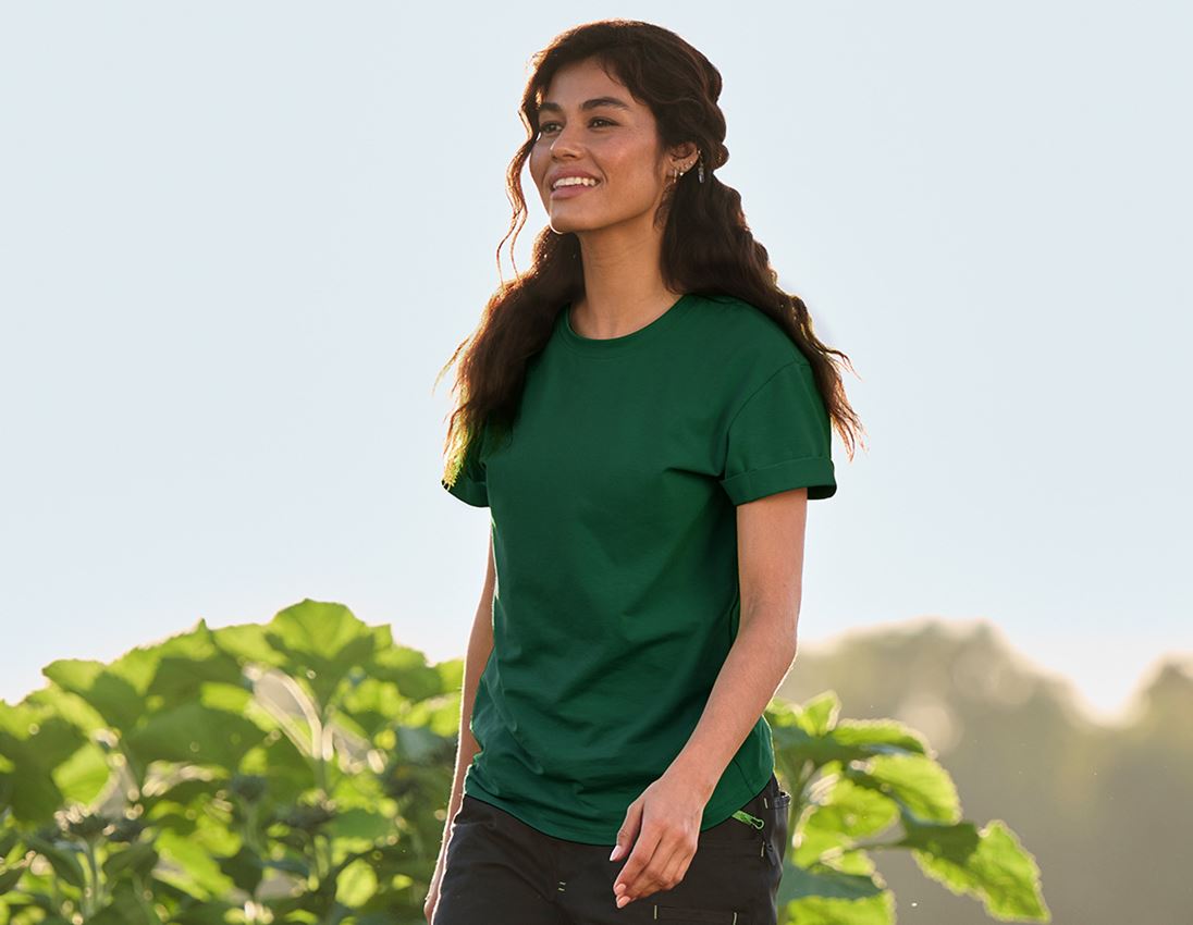 Hauts: e.s. T-Shirt cotton stretch rolled sleeve, femmes + vert