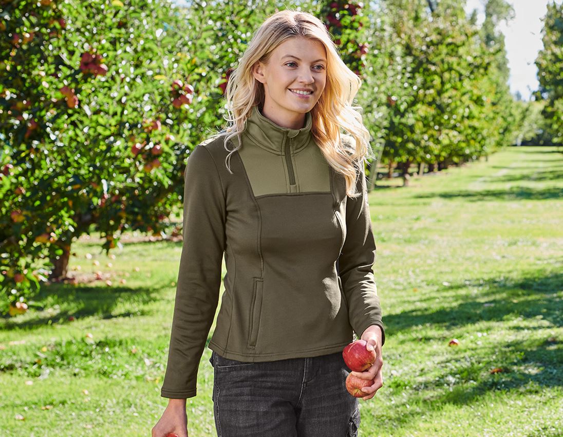 Shirts & Co.: Funktions-Troyer thermo stretch e.s.concrete,Damen + schlammgrün/stipagrün