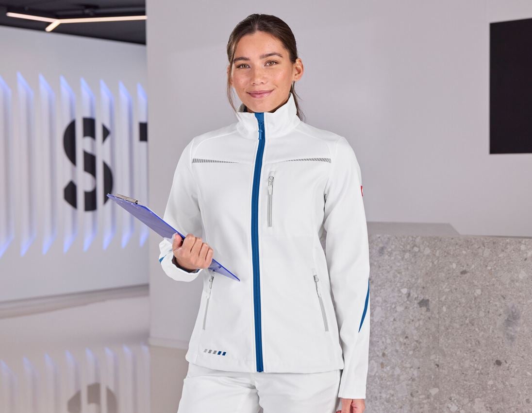Werkjassen: Softshelljack e.s.motion 2020, dames + wit/gentiaanblauw