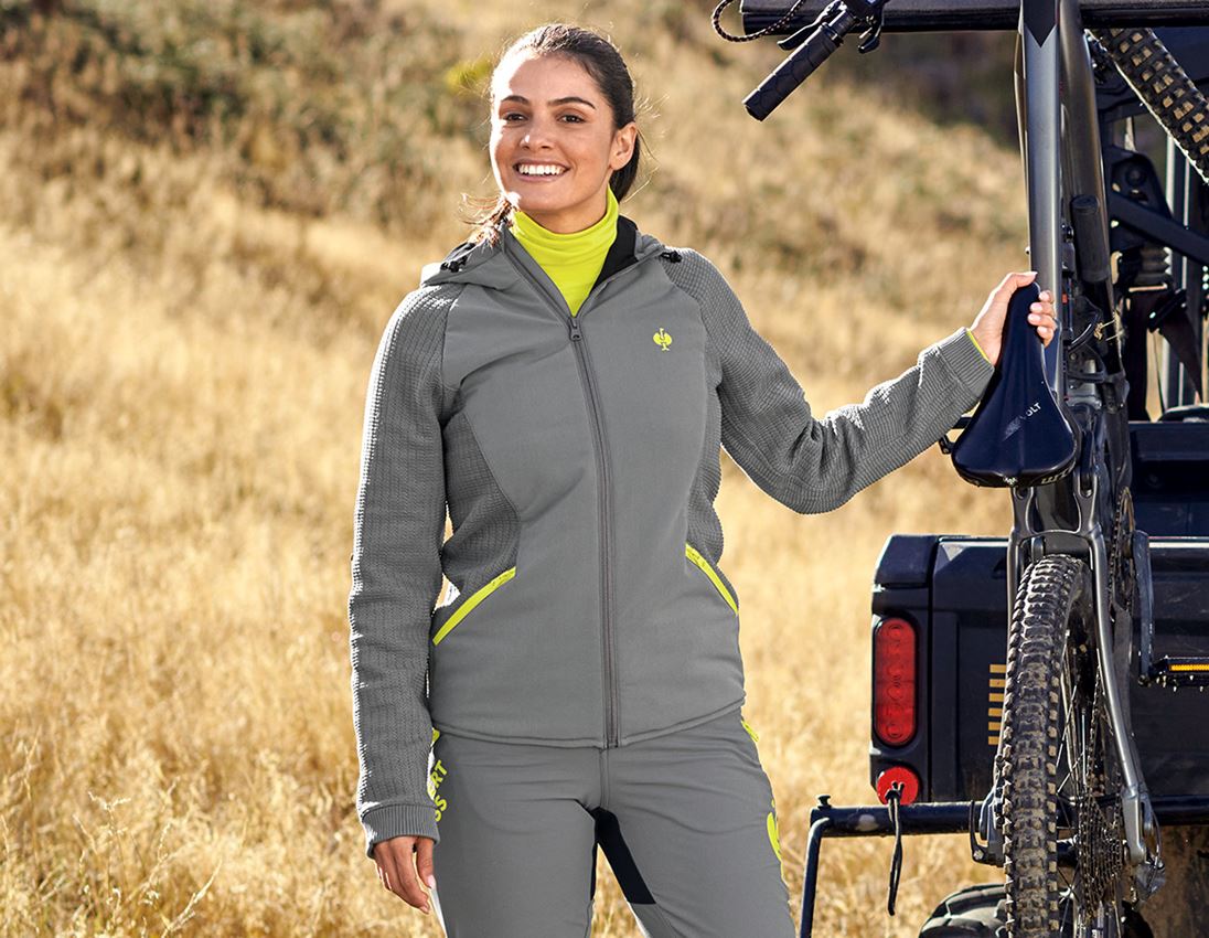 Jacken: Hybrid Kapuzenstrickjacke e.s.trail, Damen + basaltgrau/acidgelb