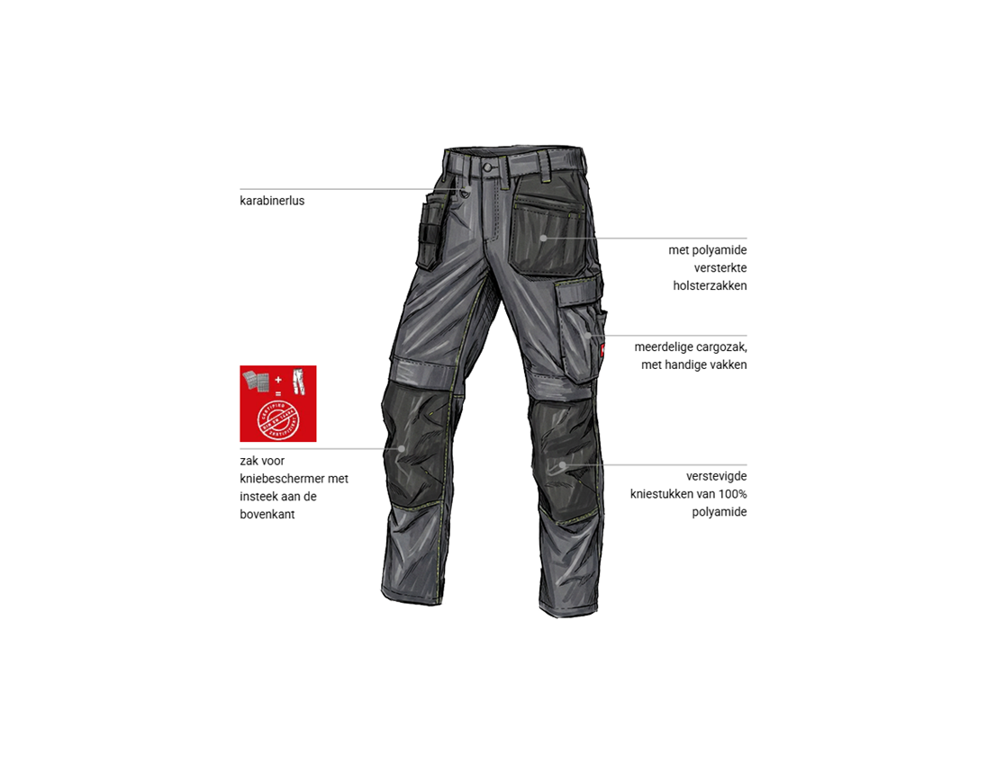 Kleding: Stretch holster werkbroek e.s.line.core + carbongrijs/signaalgeel 1