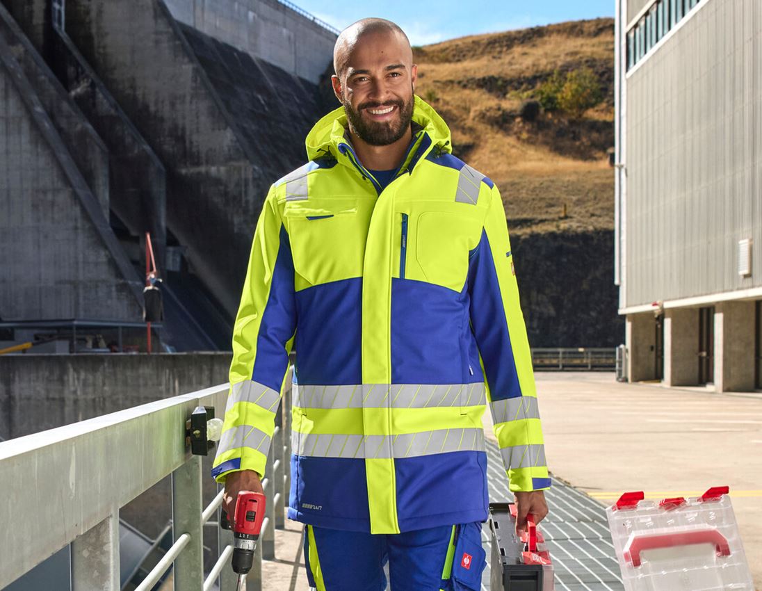 Arbeitsjacken: Warnschutz Winter Softshellparka e.s.motion 24/7 + kornblau/warngelb