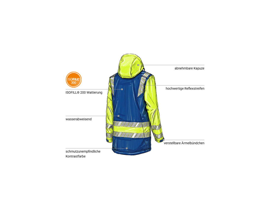 Arbeitsjacken: Warnschutz Winter Softshellparka e.s.motion 24/7 + kornblau/warngelb 2