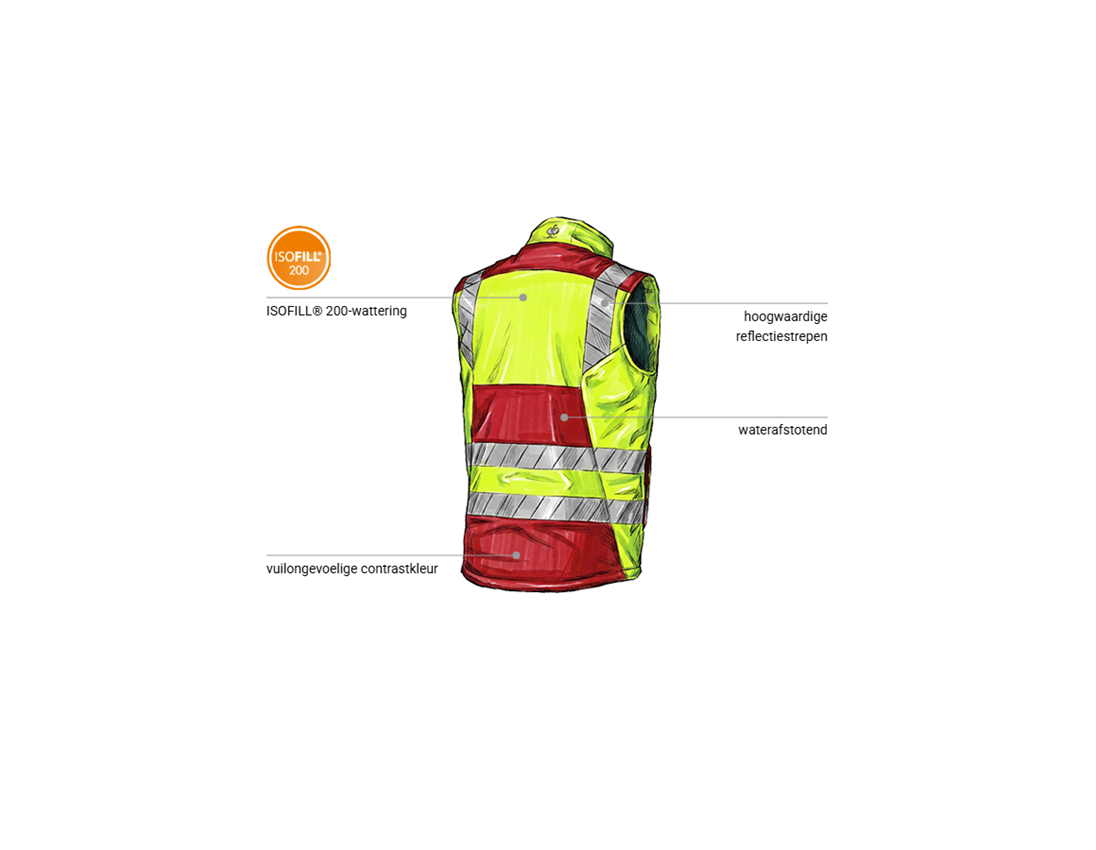 Werkvesten: Veiligh.softshellwinterbodywarmer e.s.motion 24/7 + rood/signaalgeel 2