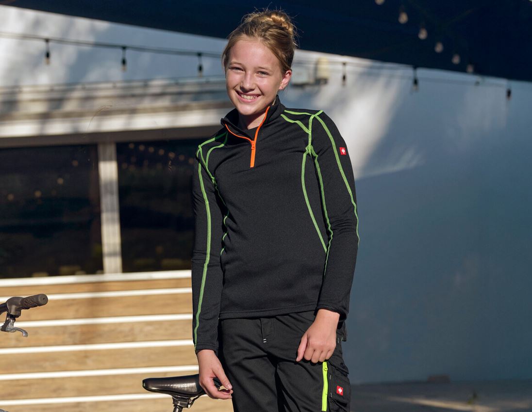 Hauts: Pull de f. thermo stretch e.s.motion 2020, enfants + noir/jaune fluo/orange fluo