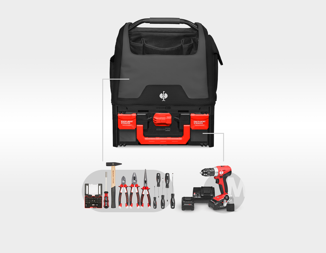 Elektrowerkzeuge: Multi Bohrschrauber-Set + STRAUSSbox Tasche offen + schwarz