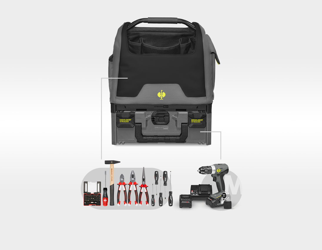 Outils: Set perceuse-vis. multi + sac STRAUSSbox ouvert + gris basalte/jaune acide