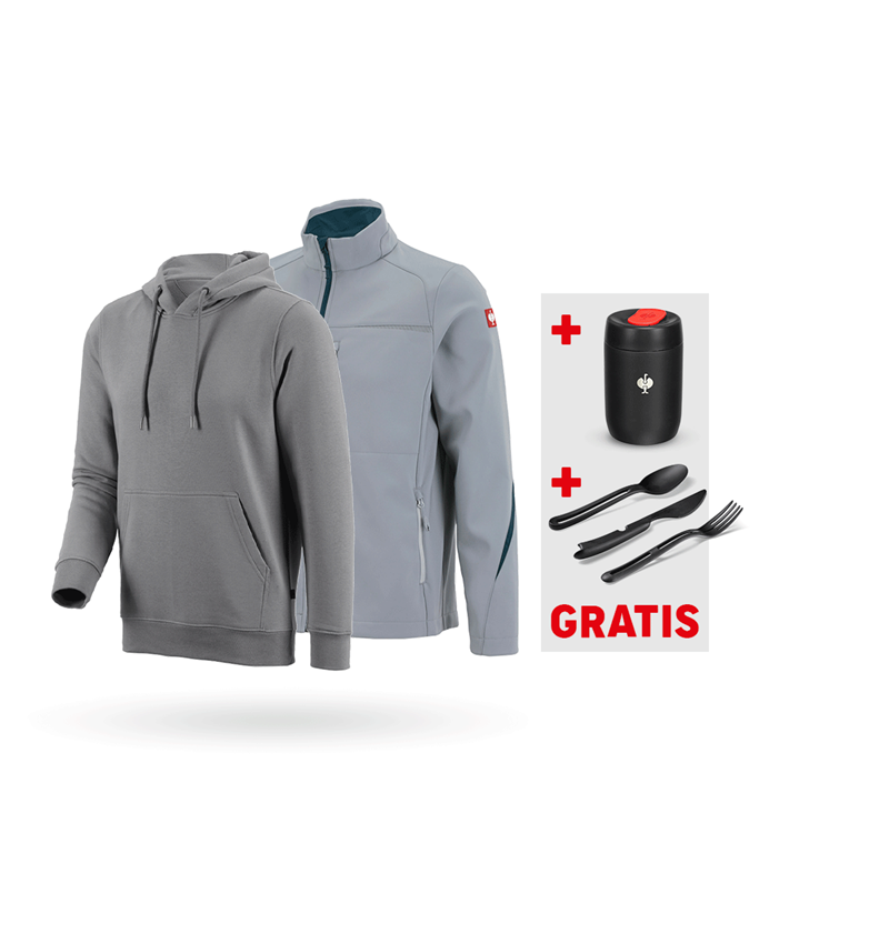 Werkjassen: SET: Softshelljack e.s.motion 2020 + hoody + platina/zeeblauw
