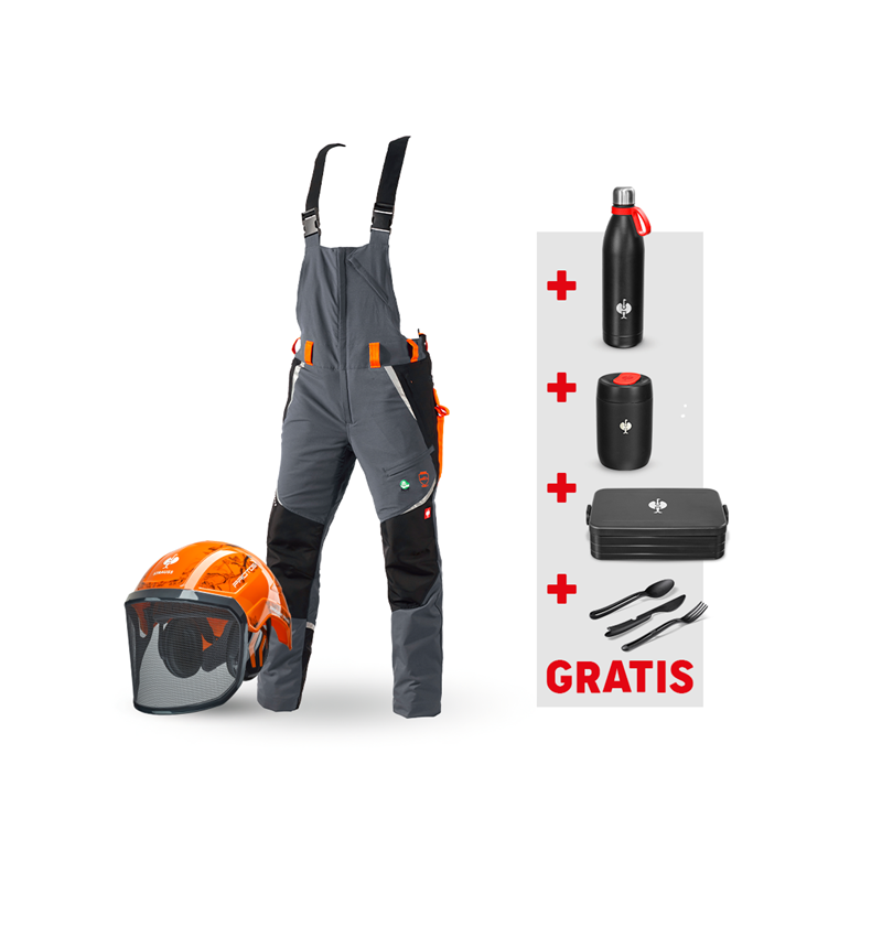 Bekleidung: SET: e.s. Forst-Schnittschutz Latzhose KWF + Helm + grau/warnorange