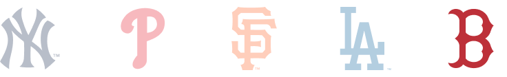 Logos des New York Yankees, Philadelphia Phillies, San Francisco Giants, Los Angeles Dodgers et Boston Red Sox.