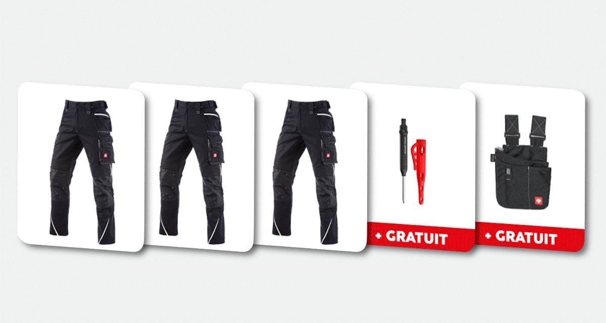 Animation de la configuration du set : 3x pantalons ou salopettes e.s.motion 2020 en différentes couleurs avec divers articles gratuits