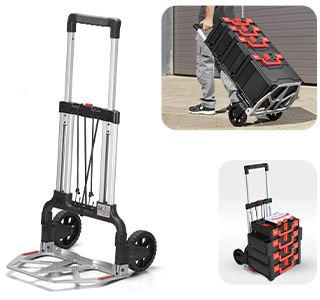 Diable de transport pliable avec grandes roues pour plusieurs STRAUSSbox empilées, présenté seul et en situation d’utilisation