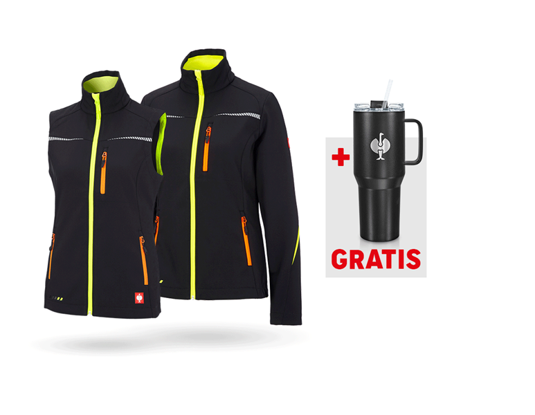 Hauptansicht, Aktions-Sets, SET: Softshelljacke + Weste e.s.motion 2020, Damen, schwarz/warngelb/warnorange