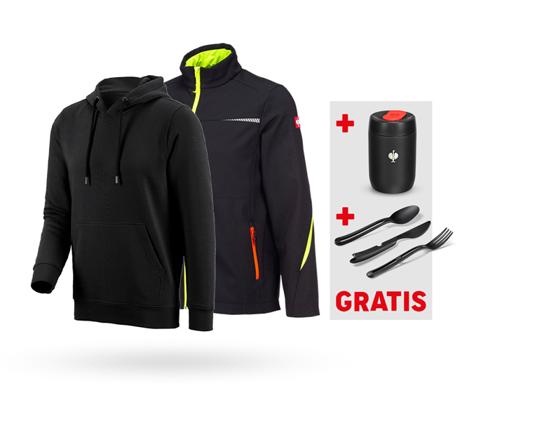 Hauptansicht, Bekleidung, SET: Softshelljacke e.s.motion 2020 + Hoody, schwarz/warngelb/warnorange