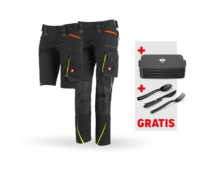 Hauptansicht, Neuheiten, SET: Damenhose + Short e.s.motion 2020, schwarz/warngelb/warnorange