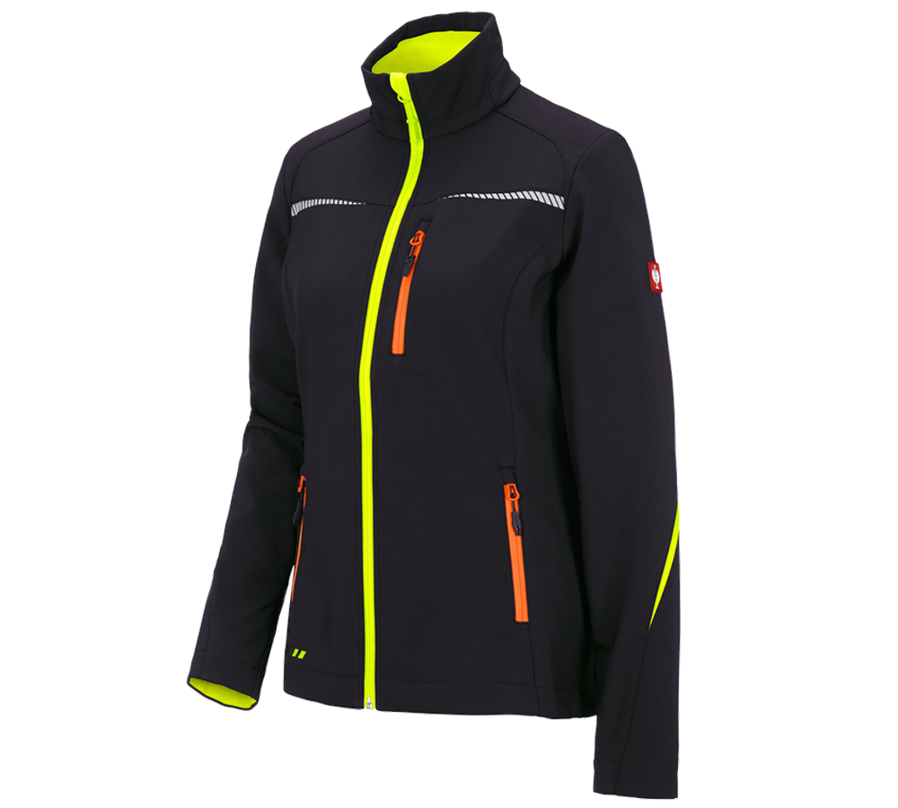 Thèmes: Veste Softshell e.s.motion 2020, femmes + noir/jaune fluo/orange fluo