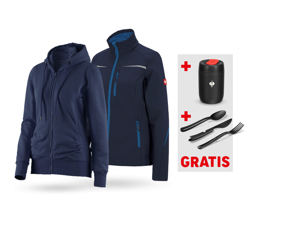 Größere Geschenke: SET: Softshelljacke + Hoody-Sweatjacke, Damen + dunkelblau/atoll