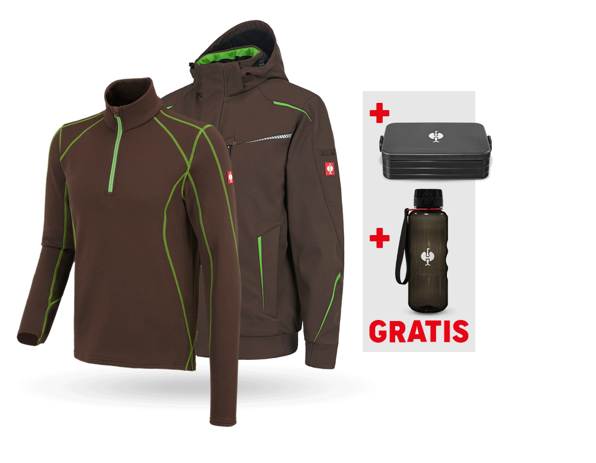 Bekleidung: SET:Winter Softshelljacke + Troyer e.s.motion 2020 + kastanie/seegrün